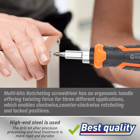 Using 22 In 1 Ratchet Screwdriver Set With Precision Slotted Philips Pozi And Torx Bits for furniture assembly, ergonomic handle visible