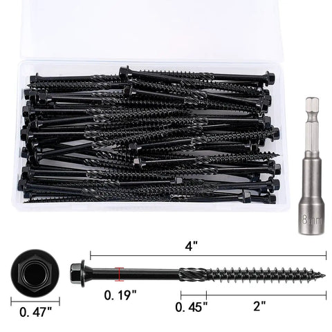 Heavy Hitter Deck Screws 14 X 4 Inch Hex Head Wood Structural Fasteners in secure jar with hex socket, showing dimensions.
