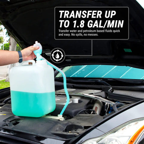 Person using Heavy Duty Manual Siphon Hand Pump For Water And Fuel Transfer Featuring Flexible Hose over a car engine.