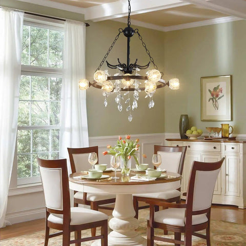 Dining room with Wagon Wheel Chandelier 9 Light Black Farmhouse Industrial Metal Pendant Light With Crystal Accents