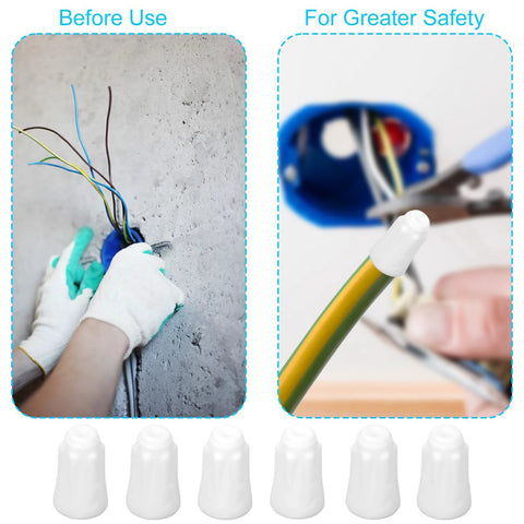 30pcs ceramic porcelain insulated wire caps for high-temperature connections; left shows wires before use, right shows a cap on a yellow wire.