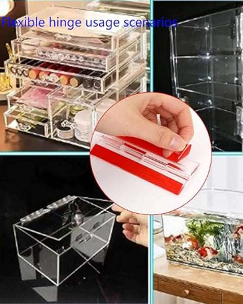 Hella Tough Clear Acrylic Continuous Piano Hinge Set 12 Inch showing usage in DIY boxes and display stands.