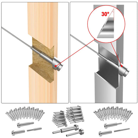 Image showing assembly of 20 Pack Three Eighths Inch ID Angle Washers For Cable Railing Stair Ends on wood and metal posts.