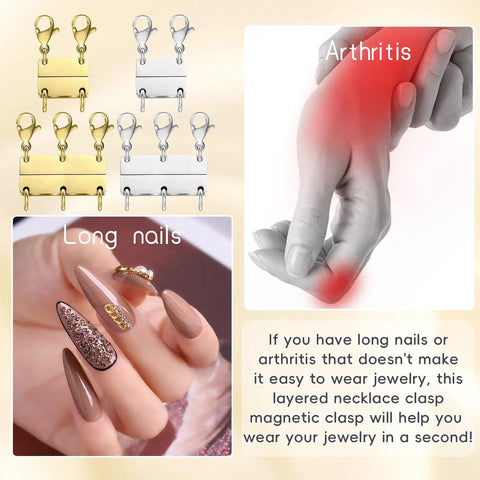 Magnetic Necklace Clasp Set For Layering No Fuss Quick Snap Closures Gold And Silver Separator showing use for long nails and arthritis