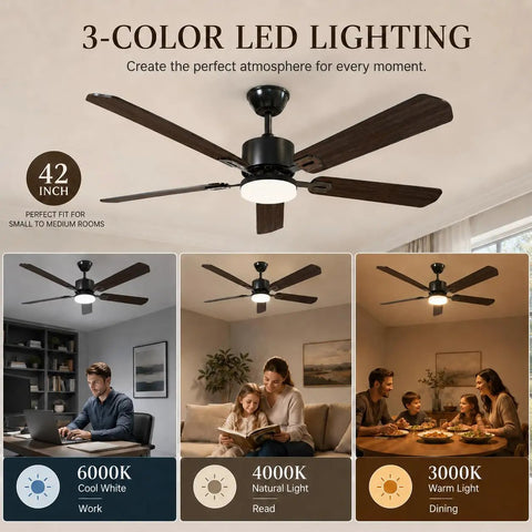42 Inch Reversible Ceiling Fan With Integrated Light And Wireless Remote Providing Six Hella Quiet Speeds And Kickin Cooling Airflow For Your Ultimate Room Refresh in settings with 3 color LED options.