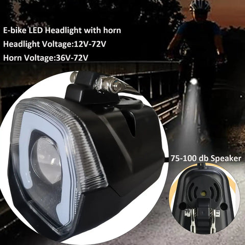 Front LED Headlight for Electric Bikes With Built In Horn 3 Pin Waterproof Connector Compatible With 36V 48V 52V 60V Night Riding Bright Bicycle Horn Light