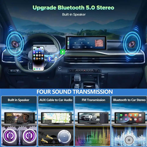 Car interior with All In One Wireless CarPlay Screen For Cars, showing 10.26 Inch 4K front dash cam and Bluetooth 5.0 stereo.