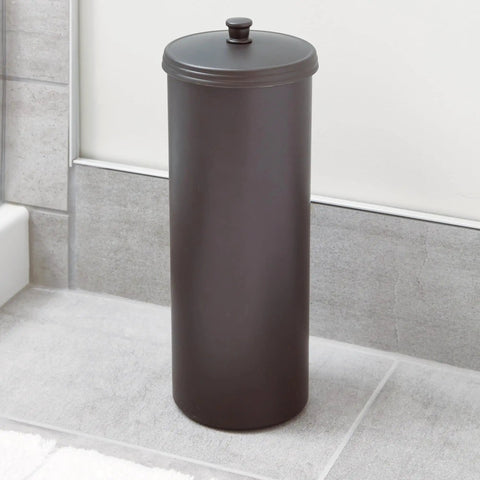 Freestanding Bronze Toilet Paper Holder With Lid For Three Extra Rolls Slim Modern Bathroom Storage Stand That Keeps Spare Rolls Neatly Hidden Under A Decorative Knob