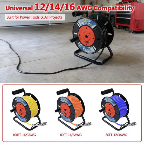 Heavy Duty Retractable Extension Cord Reel Open Cord Roller For 12/3 14/3 And 16/3 Gauge in workshop setting