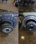 Before and after comparison of industrial engine block cleaning with Heavy Duty Five Gallon Industrial Degreaser That Works Like A Charm To Blast Oil Grease And Carbon Off Shop Floors Engine Blocks And Concrete For Serious Garage Cleanups.