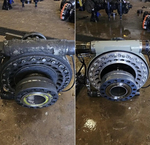 Before and after comparison of industrial engine block cleaning with Heavy Duty Five Gallon Industrial Degreaser That Works Like A Charm To Blast Oil Grease And Carbon Off Shop Floors Engine Blocks And Concrete For Serious Garage Cleanups.