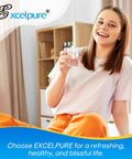 Smiling woman holding a glass of water with Excelpure branding, promoting 3 Pack Refrigerator Water Filter Replacement For Samsung Models With 0.5 Micron Carbon Block Filtration That Removes 99.99 Percent Turbidity And Sediment Easy Install And Long Lasting Taste.