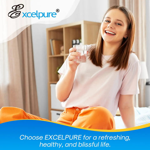 Smiling woman holding a glass of water with Excelpure branding, promoting 3 Pack Refrigerator Water Filter Replacement For Samsung Models With 0.5 Micron Carbon Block Filtration That Removes 99.99 Percent Turbidity And Sediment Easy Install And Long Lasting Taste.