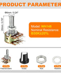 Dual Channel B50K Potentiometer Kit With 6 Pin Split Shaft Rotary Potentiometers For Audio Volume Control, White, Includes Knob Nut And Washer, 20mm Shaft, Great For Stereo Or Guitar Tone Circuits showing components and dimensions.