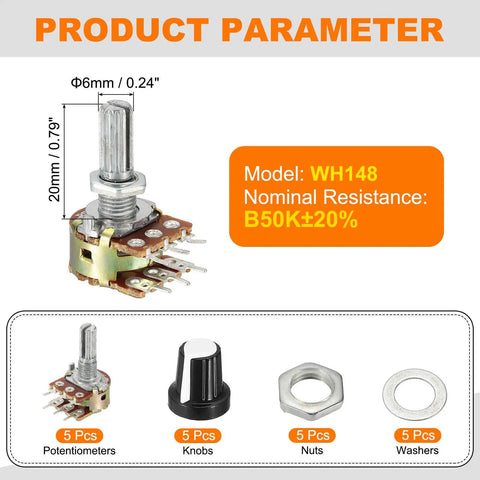 Dual Channel B50K Potentiometer Kit With 6 Pin Split Shaft Rotary Potentiometers For Audio Volume Control, White, Includes Knob Nut And Washer, 20mm Shaft, Great For Stereo Or Guitar Tone Circuits showing components and dimensions.