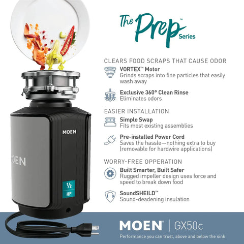 Powerful 1/2 HP Continuous-Feed Garbage Disposal With Sound Reduction, 2600 RPM Vortex Motor, Preinstalled Power Cord