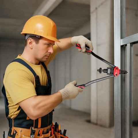 Worker using Pro Grade 16 Inch Rivet Nut Tool Kit With 200 Zinc Plated Nutserts 15 Interchangeable Mandrels on metal frame.