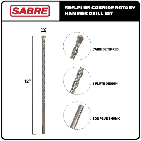 Carbide Tipped Half Inch SDS Plus Rotary Hammer Drill Bit Version 2, 12 Inch Overall Length for masonry drilling.