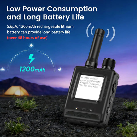 ThinkNode M1 LoRa Meshtastic Transceiver with GPS, 1.54 inch EPD screen, in protective case, shown outdoors with antenna