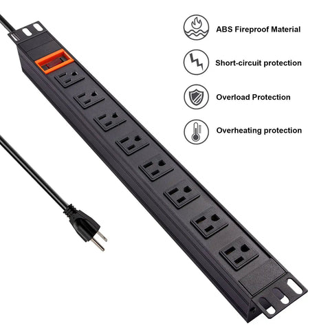 Rack Mount PDU With Eight Wide Spaced Outlets And 600J Surge Protection 15A 125V 1U Power Strip For Server Rooms, ABS material