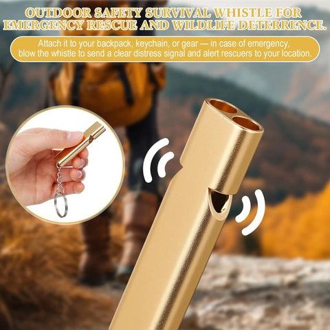 Close-up of outdoor safety whistle from Six Pack Bear Bell Safety Gear with Loud Bells and Whistles, Carabiners, PU Leather Keychains.