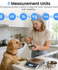Woman using Heavy Duty 88 Pound Food Scale With 6 Unit Stainless Steel Commercial Kitchen Scale Full View LCD Display for dog food