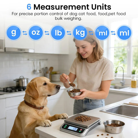 Woman using Heavy Duty 88 Pound Food Scale With 6 Unit Stainless Steel Commercial Kitchen Scale Full View LCD Display for dog food