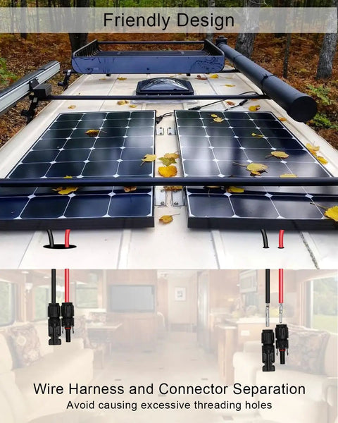 Solar panels mounted on RV roof with cables, showcasing the Weatherproof Solar Cable Entry Gland And Junction Box For RVs.