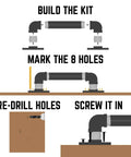 Illustration showing assembly steps for Industrial Pipe Barn Door Handle 6 Inch Rustic Farmhouse Heavy Duty Hardware Set.