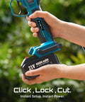 Hands holding Electric Pruning Shears Cordless 1.8 Inch Cut With Brushless Motor Dual 4Ah Batteries in garden.