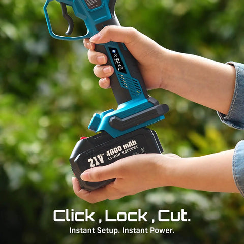 Hands holding Electric Pruning Shears Cordless 1.8 Inch Cut With Brushless Motor Dual 4Ah Batteries in garden.