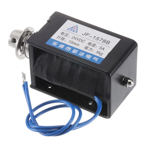 DC 24V 5A Solenoid Electromagnet With Push Pull Type For Precise Linear Motion, 50N Holding And Push Force, 15mm Stroke, Open Frame Actuator, Ideal For Vending Machines, Automation, JF-1578B Magnet, black open-frame with blue wires