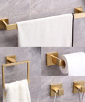 Brushed Gold Stainless Steel 5 Piece Bathroom Hardware Set With 22 Inch Towel Bar And Towel Rack Dope Upgrade For Your Bath Rustproof SUS 304 Accessories Kit including towel bar, ring, TP holder, and hooks.