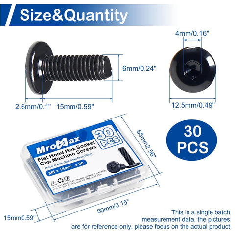 30 Pack M6 X 15mm Flat Head Hex Socket Screws Heavy Duty 304 Stainless Steel 18-8 Grade Fasteners with dimensions and packaging.
