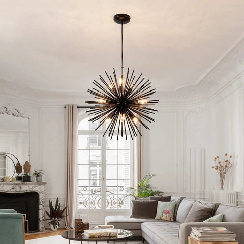 Modern Black Sputnik Chandelier 9 Light Pendant Ceiling Fixture With Starburst Firework Design in elegant living room