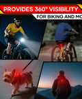 Cyclists and dog with Front And Rear Bike Lights Set Rechargeable With Dual LEDs And 19 Flood LEDs 8 And 12 Mode Options IPX6 Waterproof