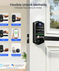 Genuine Matte Black Smart Lever Lock Boasting Hella Fast AI Fingerprint Unlock showing various unlock methods on a door.