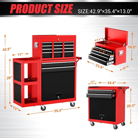 Heavy Duty 8 Drawer Rolling Tool Chest With 3 In 1 Modular Toolbox Set And Detachable Four Wheel Utility Cart, Lockable Cabinets, Protective Liner, Beefy Build Extra Large Capacity For Garage, Shop Or Workshop, 35W X 13D X 43H, red size diagram