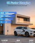 Level 2 Ev Charger With 40 Amp 240V Juice For Quick Hookups And A Heavy Duty 25 Ft Cord charging a parked electric vehicle.