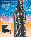 Illustration of heavy duty RC aircraft carrier boat with dual motors, waterproof hull, demonstrating safety feature leaving water.