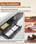 Heavy Duty Drawer Slide Guides Smooth As Silk Universal Replacement Tracks Quick Swap Installation shown with installation steps and drawer storage.