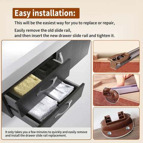 Heavy Duty Drawer Slide Guides Smooth As Silk Universal Replacement Tracks Quick Swap Installation shown with installation steps and drawer storage.