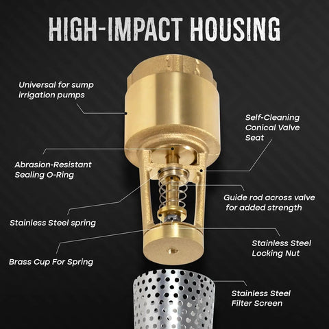 1 Inch Brass Foot Valve No Lead Heavy Duty Workhorse Backflow Preventer With Female Connection Keeps Pressure Up And Prevents Backflow Works With Any Pump Or Brand Ideal For Ponds Wells Tanks And Irrigation Systems showing internal components and features