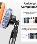 All Metal MagSafe Tripod Mount With 360 Degree Adjustable Phone Holder, highlighting iPhone compatibility and magnetic plate