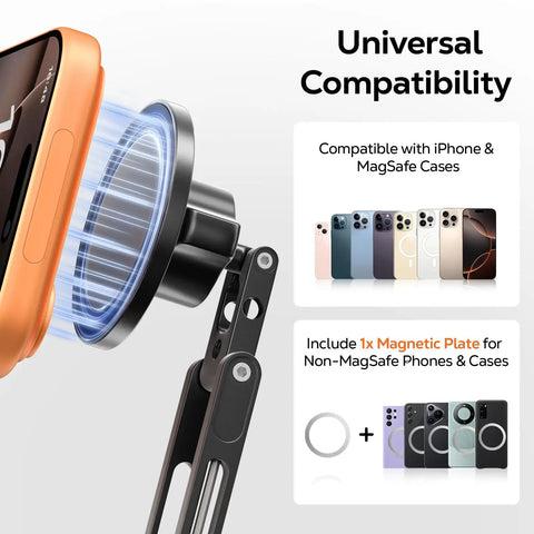 All Metal MagSafe Tripod Mount With 360 Degree Adjustable Phone Holder, highlighting iPhone compatibility and magnetic plate