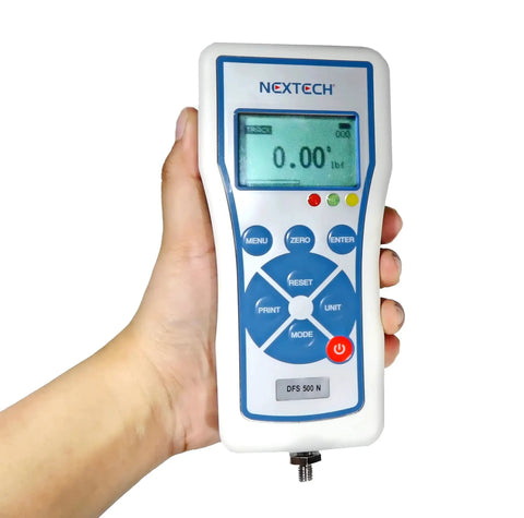 Hand holding Digital Force Gauge 500 Newtons Capacity With Peak And Track Mode For Tension And Compression Readings Internal Memory Hold Function High Accuracy Zero Point Two Percent 500 N Great For Lab Shop And Field Testing.
