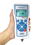 Digital Force Gauge Push Pull Meter With Peak And Track Modes Inverted Display Pass Fail LED USB Output Backlit Graphic LCD Rugged Metal Enclosure 100N Capacity 22lbf 10kgf 0.2 Percent FS Accuracy Stores 500 Readings For Quick Download held in hand