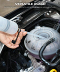 Side view of SEDY 500CC fluid extractor oil syringe; transparent blue manual suction pump with tube near car reservoir.