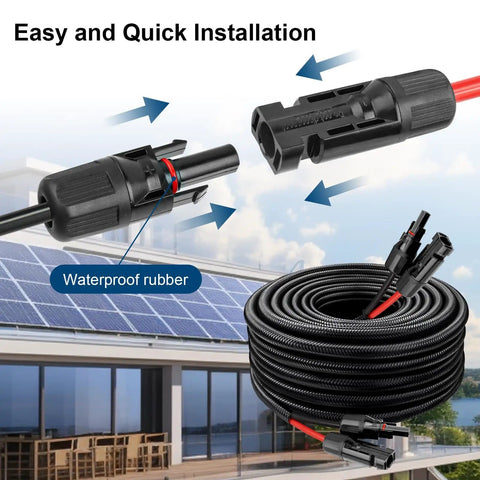 10 AWG 10 Ft Solar Panel Extension Cable With Waterproof Male And Female Connectors, coil of PV wire beside rooftop panels