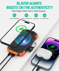 10,000mAh Solar Power Bank With Wireless Charging And 20W USB C Fast Charge, showing dual charging of phone and earbuds